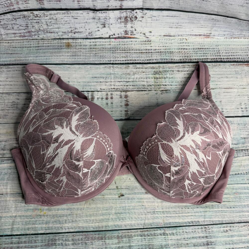 Cacique Boost Plunge Bra 42DDD Mauve Pink Floral Lace Underwire Padded